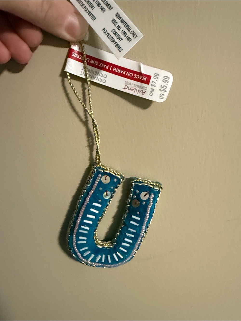 Ashland  Avenue Blue Beaded Letter U Hanging Ornament